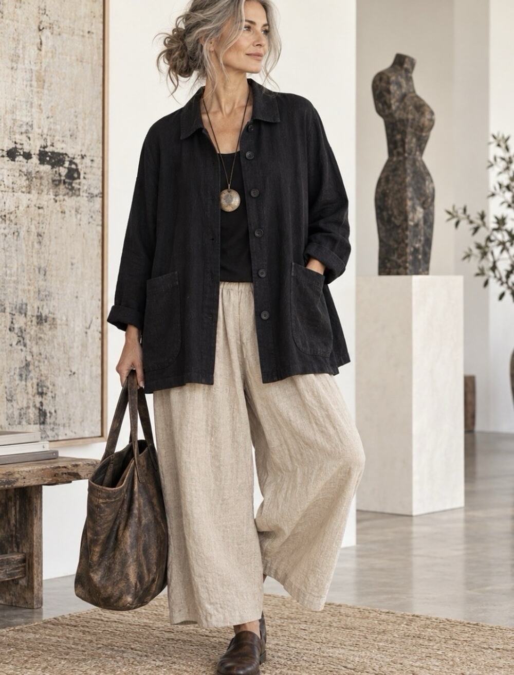 FLAX 100% Linen Black Oversized Jacket L Lagenlook Art Teacher Made Lithuania